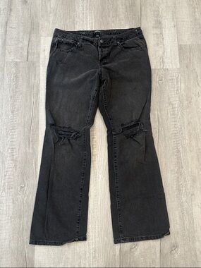 Black Distressed Button-Up Flare Jeans for Women